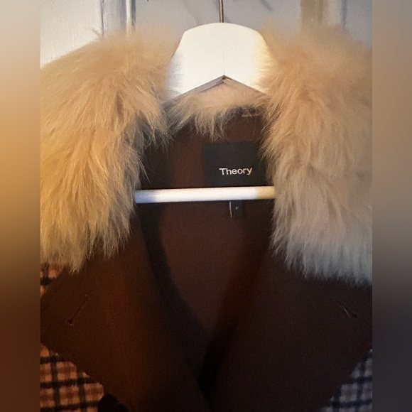 Theory Plaid Dorado Coat with real lamb shearling collar. - Picture 4 of 5